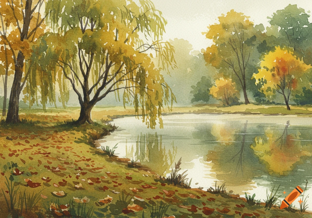 Watercolor painting of an autumn landscape with trees alongside a river and fallen leaves.