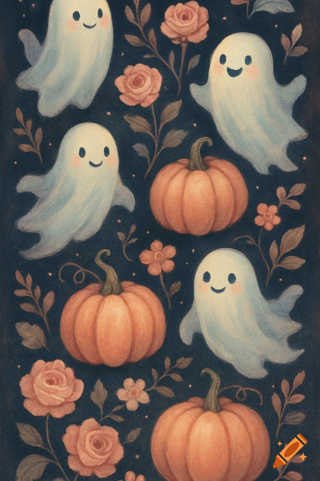 Cute cartoon ghosts, orange pumpkins, and pink roses with green leaves scattered on a dark blue-grey background, in a stylized illustration.