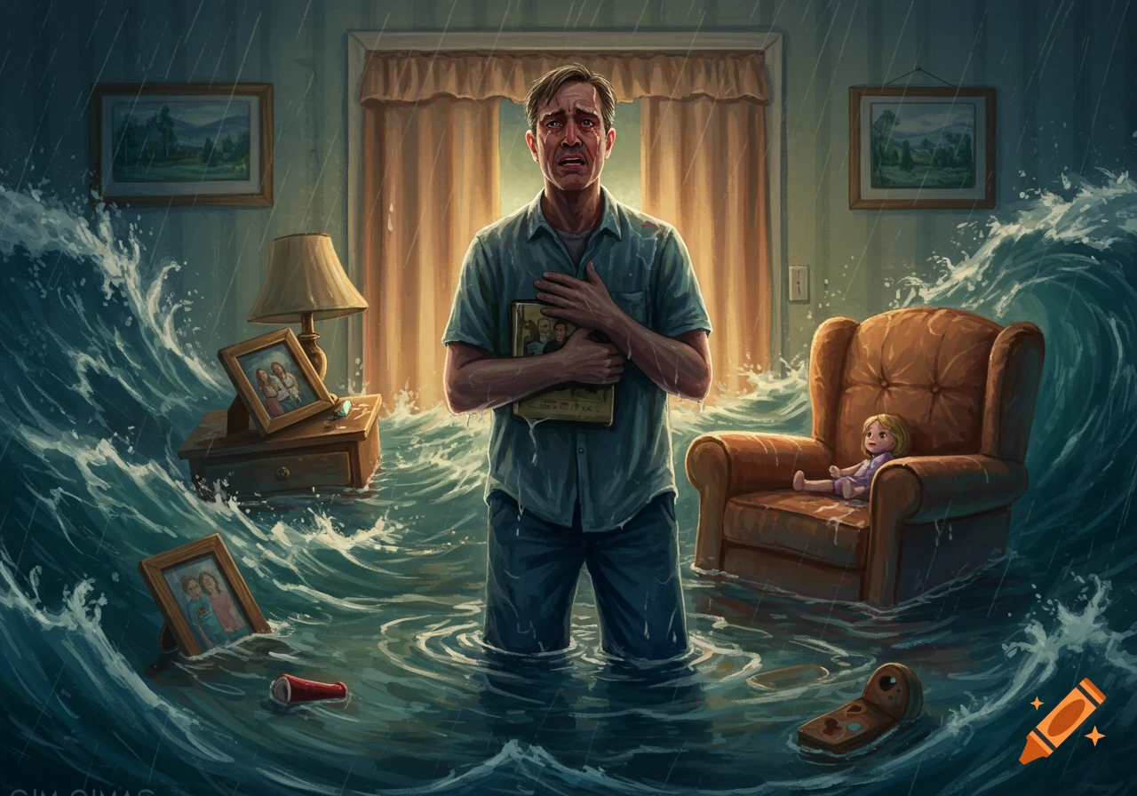 A man stands crying in his flooded home, clutching a book to his chest, amidst floating furniture and rising water. Illustration.