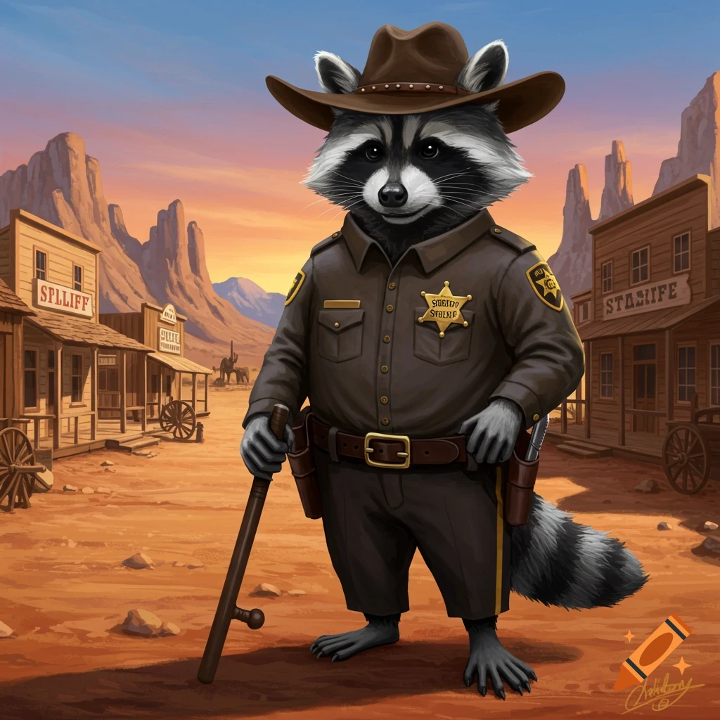 A cartoon raccoon sheriff wearing a brown hat and uniform, holding a baton, stands in a dusty Old West town at sunset.