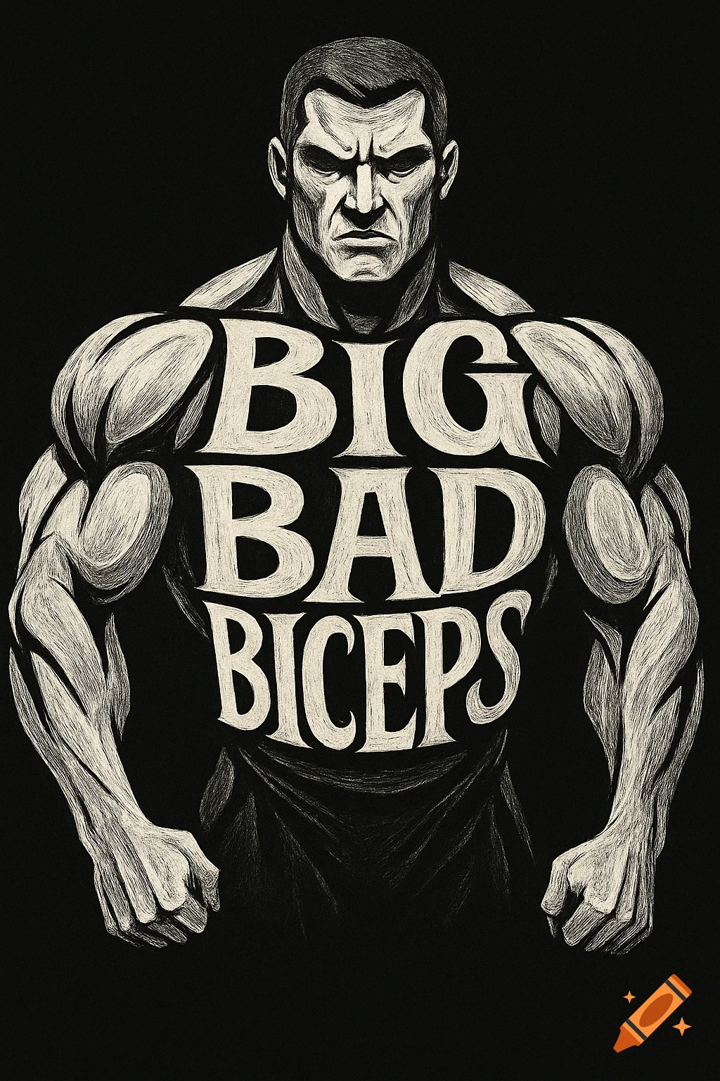Calligram of a muscular male bodybuilder made from the words 'BIG BAD BICEPS' in a black and white scratchboard style.