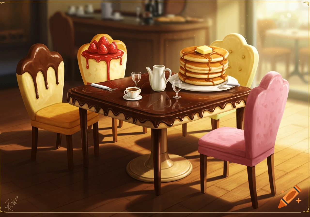 A whimsical table resembling a chocolate bar with matching food-themed chairs, set with a stack of pancakes, coffee, and drinks.