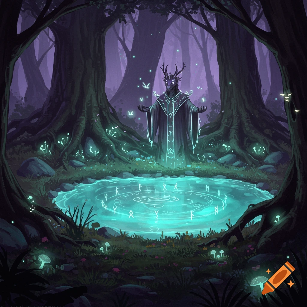 A draconic shaman in a dark, mystical forest clearing stands before a glowing blue pool with runes, surrounded by bioluminescent plants.