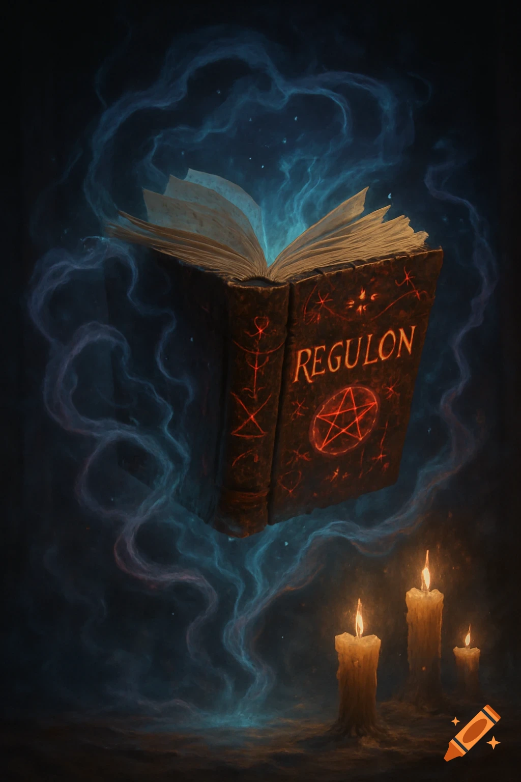 A magical open book titled 'REGULON' glows with blue energy, surrounded by three lit candles in a dark, mysterious setting.