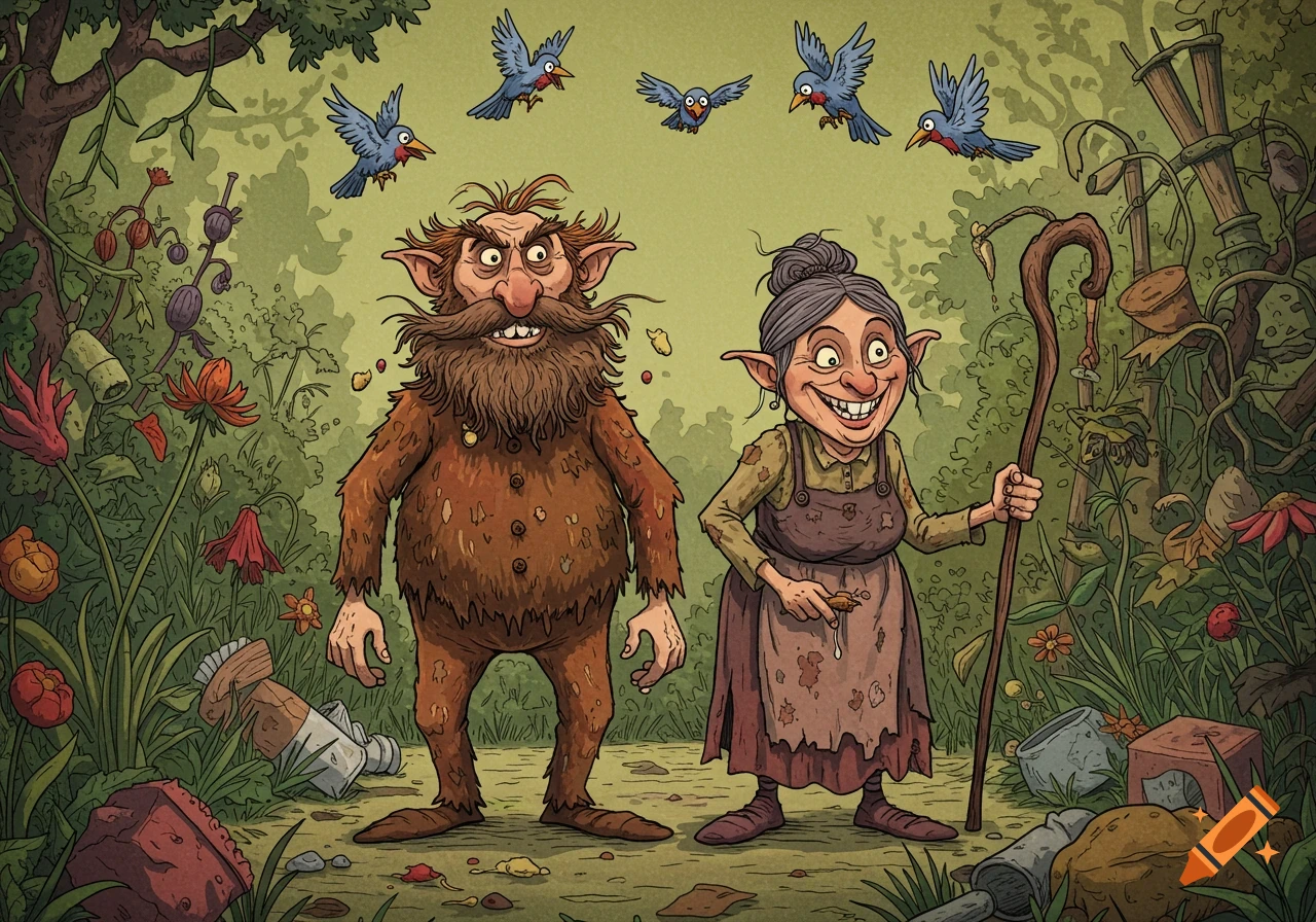 Cartoon illustration of a grotesque bearded man and an old woman with a cane in a messy forest, with birds flying.