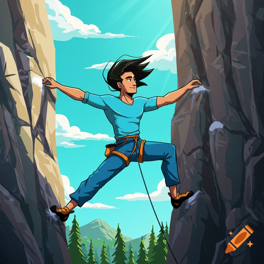 A cartoon man with long black hair rock climbing between two steep cliffs, with mountains and pine trees visible below under a clear sky.