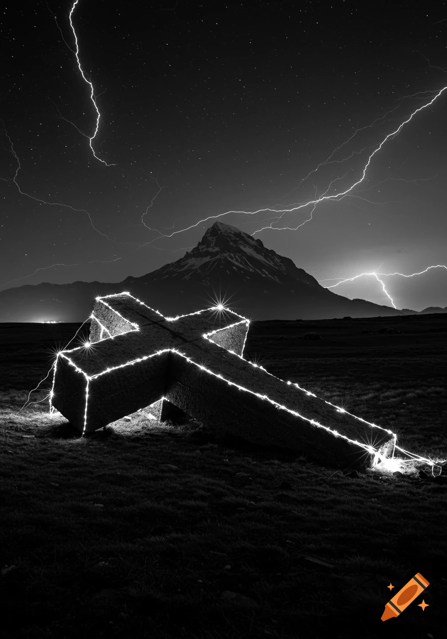Black and white photo of a large fallen cross outlined with lights on a grassy field at night, with a mountain and lightning.