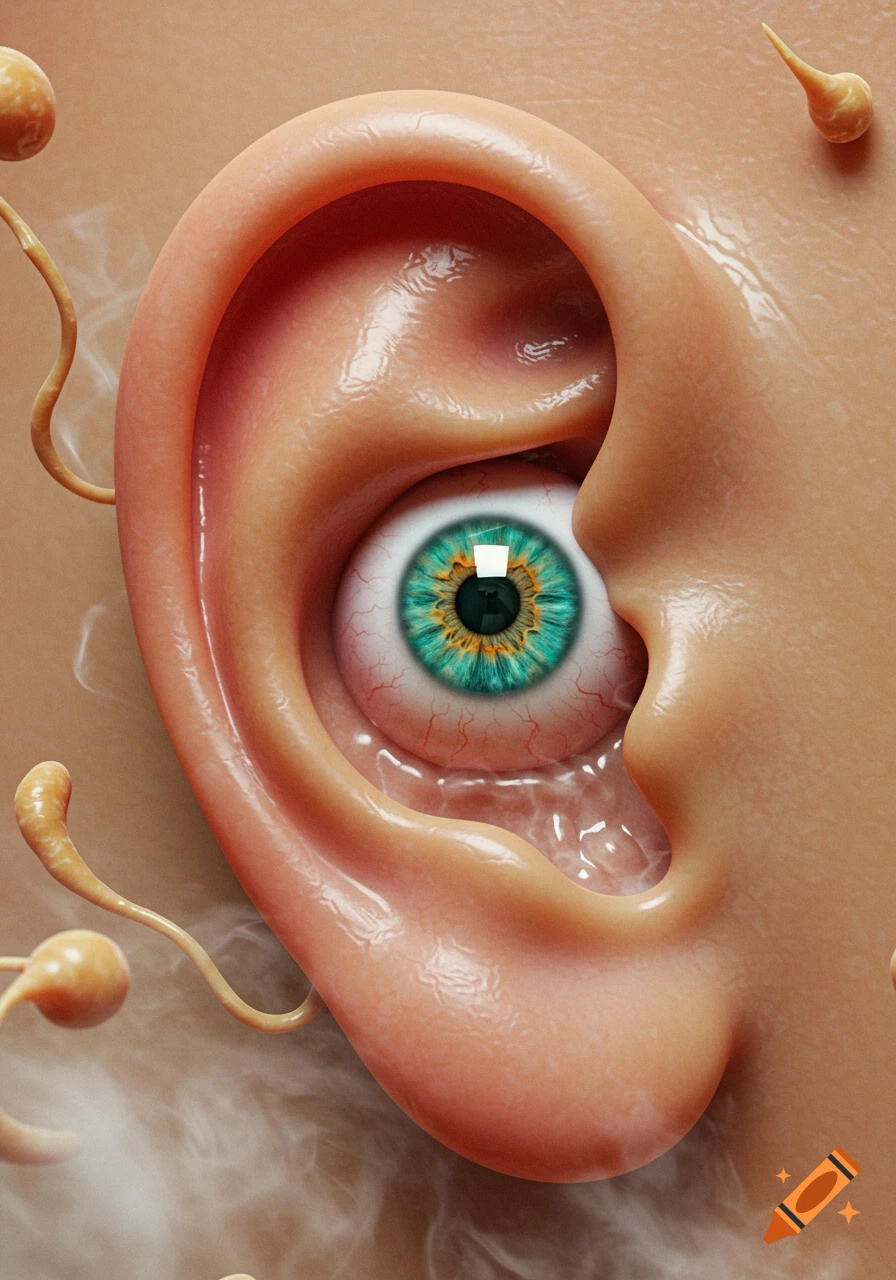 A surreal close-up of a human ear with a vibrant green and blue eyeball placed inside, surrounded by fleshy tendrils.