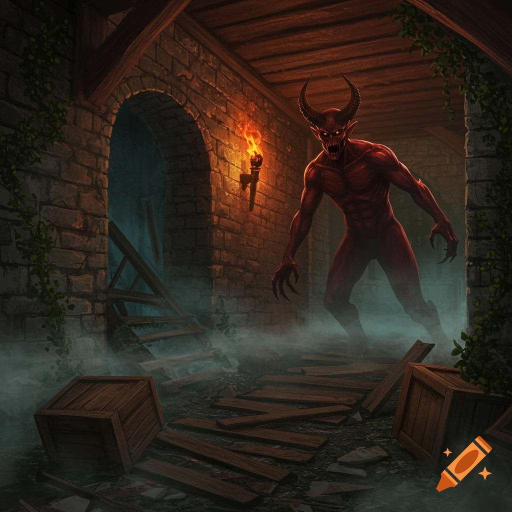 A red-skinned demon with horns and glowing eyes emerges from a misty, dark stone cellar lit by a torch, amidst debris and wooden crates.