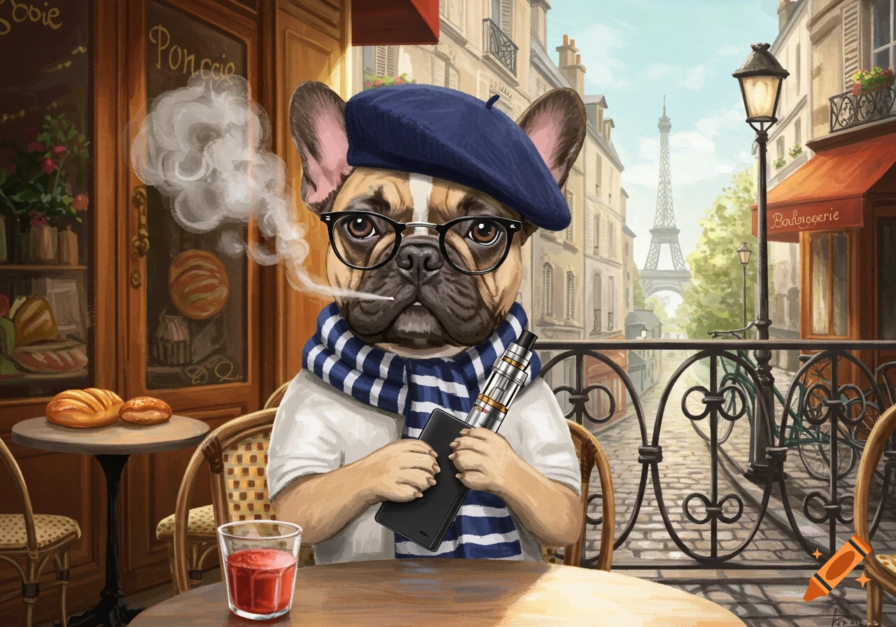 An anthropomorphic French bulldog in a blue beret and striped scarf smokes a vape at an outdoor Parisian cafe, with the Eiffel Tower in the background, illustration.