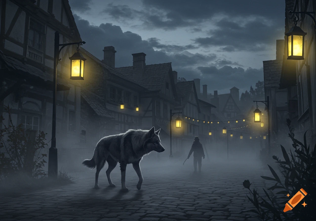 A large wolf walks on a foggy, cobblestone street at night, lit by lanterns, with medieval buildings and a distant figure.