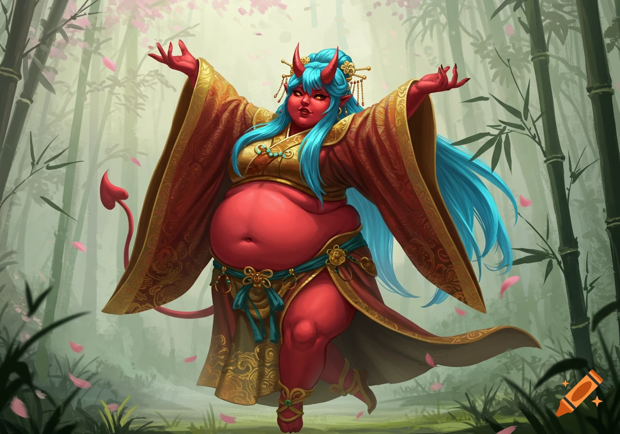 A vibrant illustration of a chubby red demon oni girl with blue hair and horns, dressed in golden and red traditional Chinese attire, posing gracefully in a bamboo forest with pink petals falling.