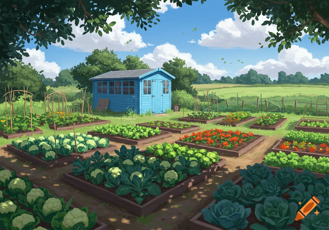 Vibrant illustration of a sunny allotment with a blue shed, raised garden beds full of various vegetables, and trees under a blue sky.