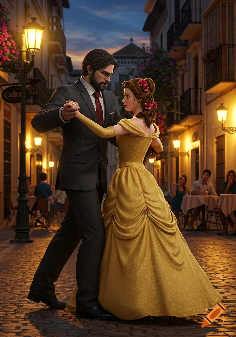 An animated man in a suit dances with a woman in a yellow ball gown on a warmly lit cobblestone street at dusk.