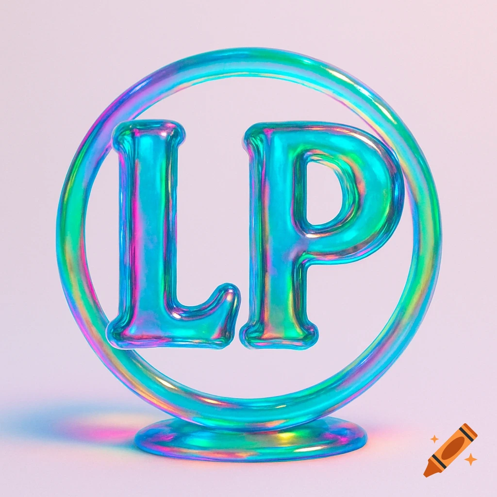 Glossy, iridescent teal gel letters 'LP' inside a matching gel circle, 3D render on a soft, light background.