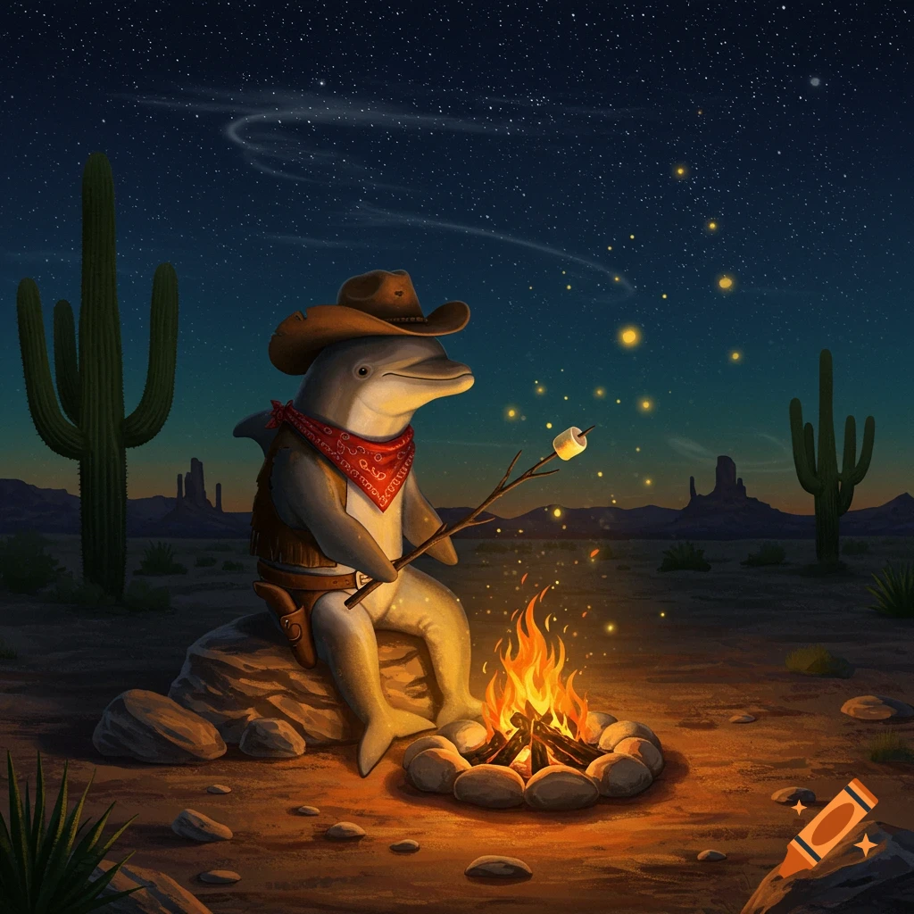 A cartoon cowboy dolphin sits by a campfire, roasting a marshmallow under a starlit desert night sky with saguaro cacti.