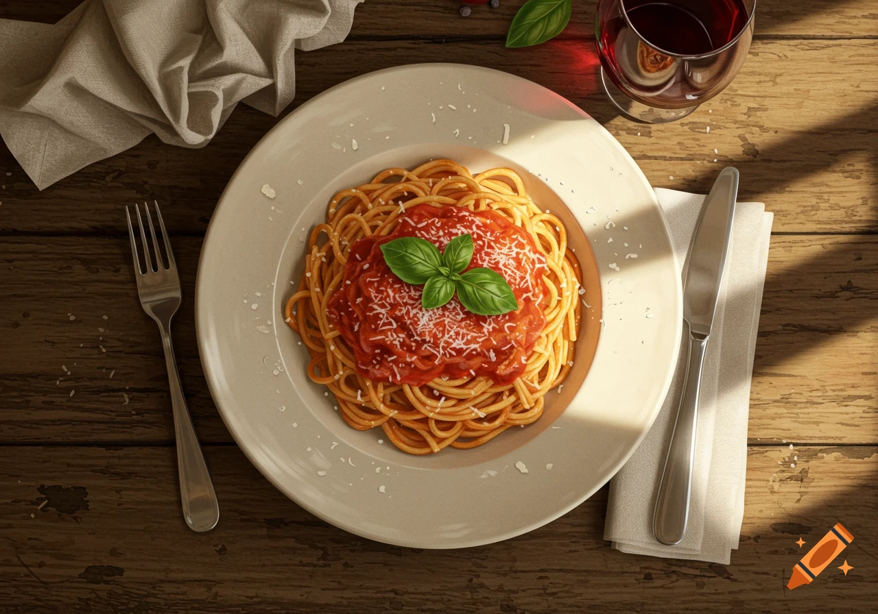 Top-down view of spaghetti with red sauce, grated cheese, and basil on a white plate with cutlery and red wine on a rustic wooden table.