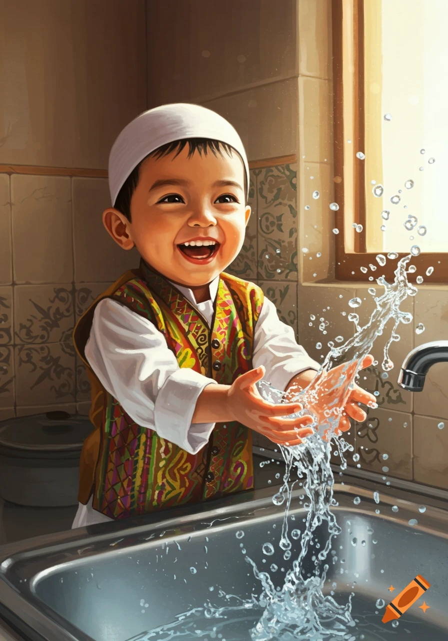 A smiling little Muslim boy in a white cap and patterned vest joyfully splashes water in a kitchen sink, a digital painting.