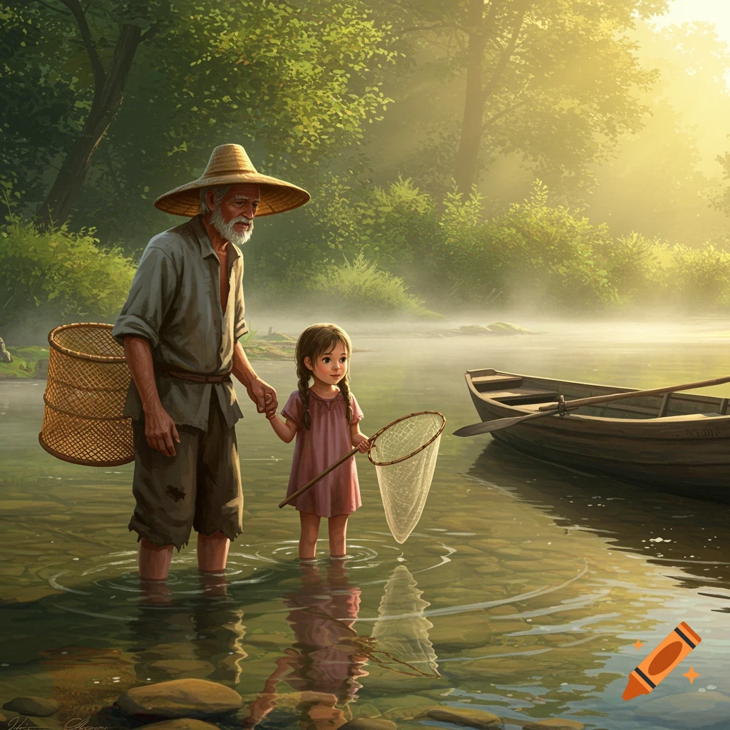 An old man and a young girl stand hand-in-hand in a shallow river, holding a fishing net, with a boat and sunny forest.