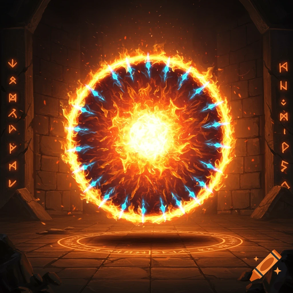 A glowing, circular fire portal with blue accents in a dark stone dungeon with carved runes.