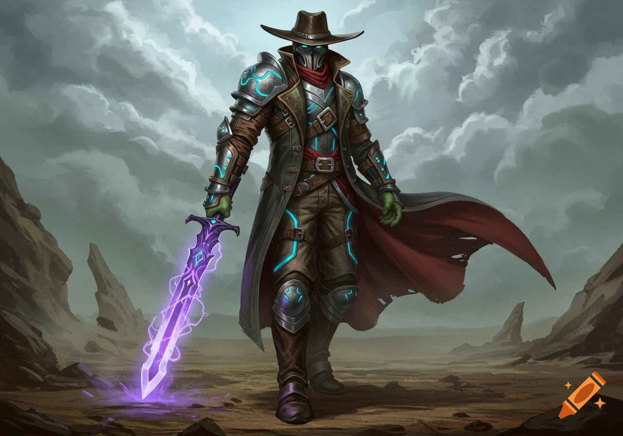 A fantasy spellsword warrior with green skin, a mask, and a wide-brimmed hat, wearing armor with blue glowing accents. He wields a glowing purple-blue sword extending from his arm in a hazy, rocky landscape.