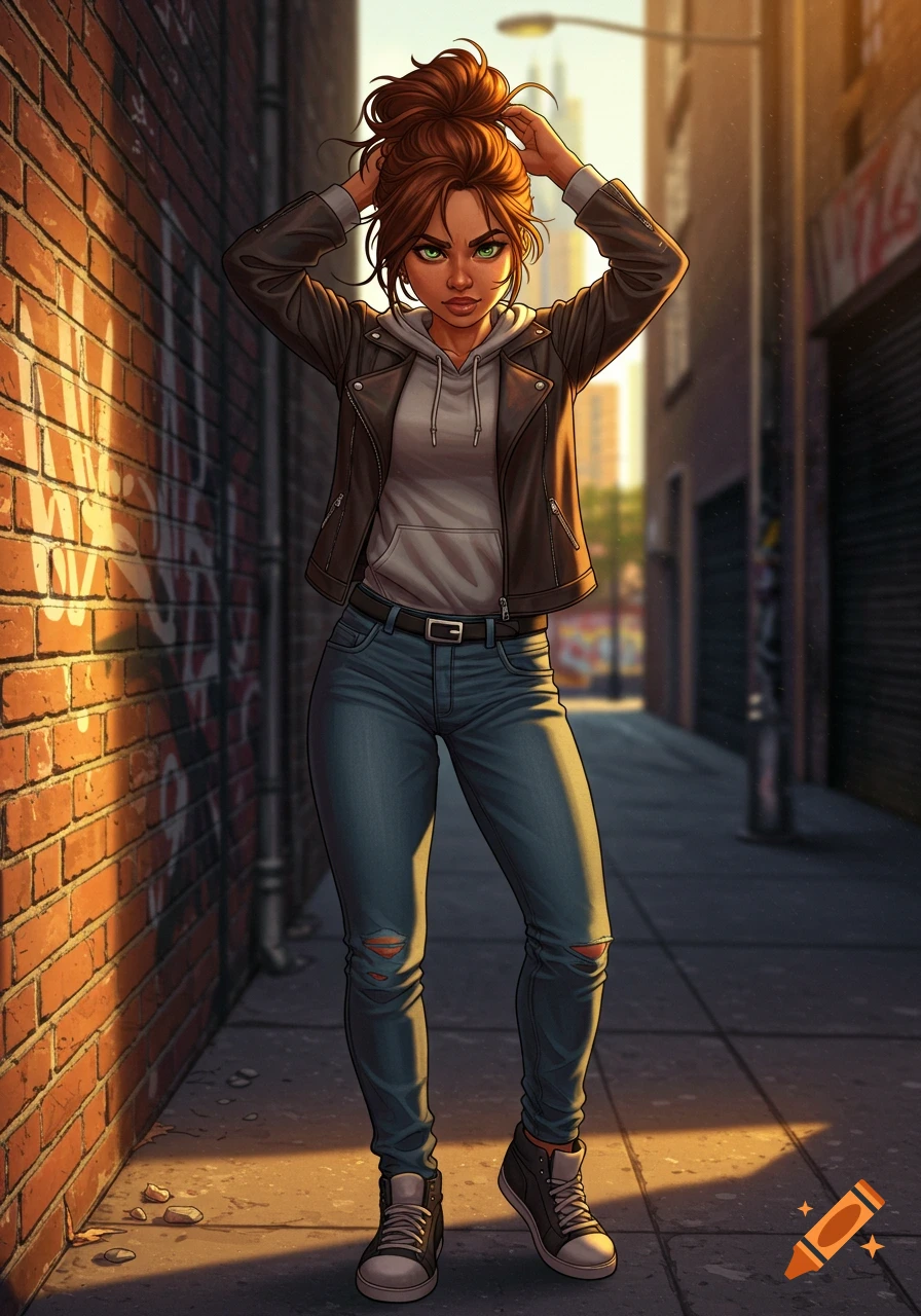 Stylized illustration of a young woman with auburn hair in a messy bun, wearing a leather jacket and jeans, standing in a sunny urban alley.