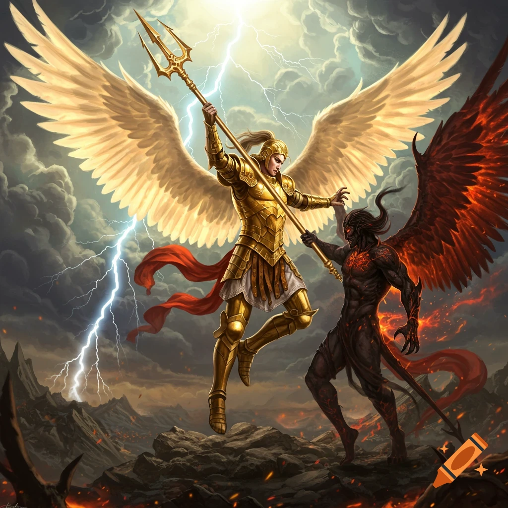 Golden-armored angel with white wings battling a dark, red-winged demon, wielding a trident amidst lightning and fire.