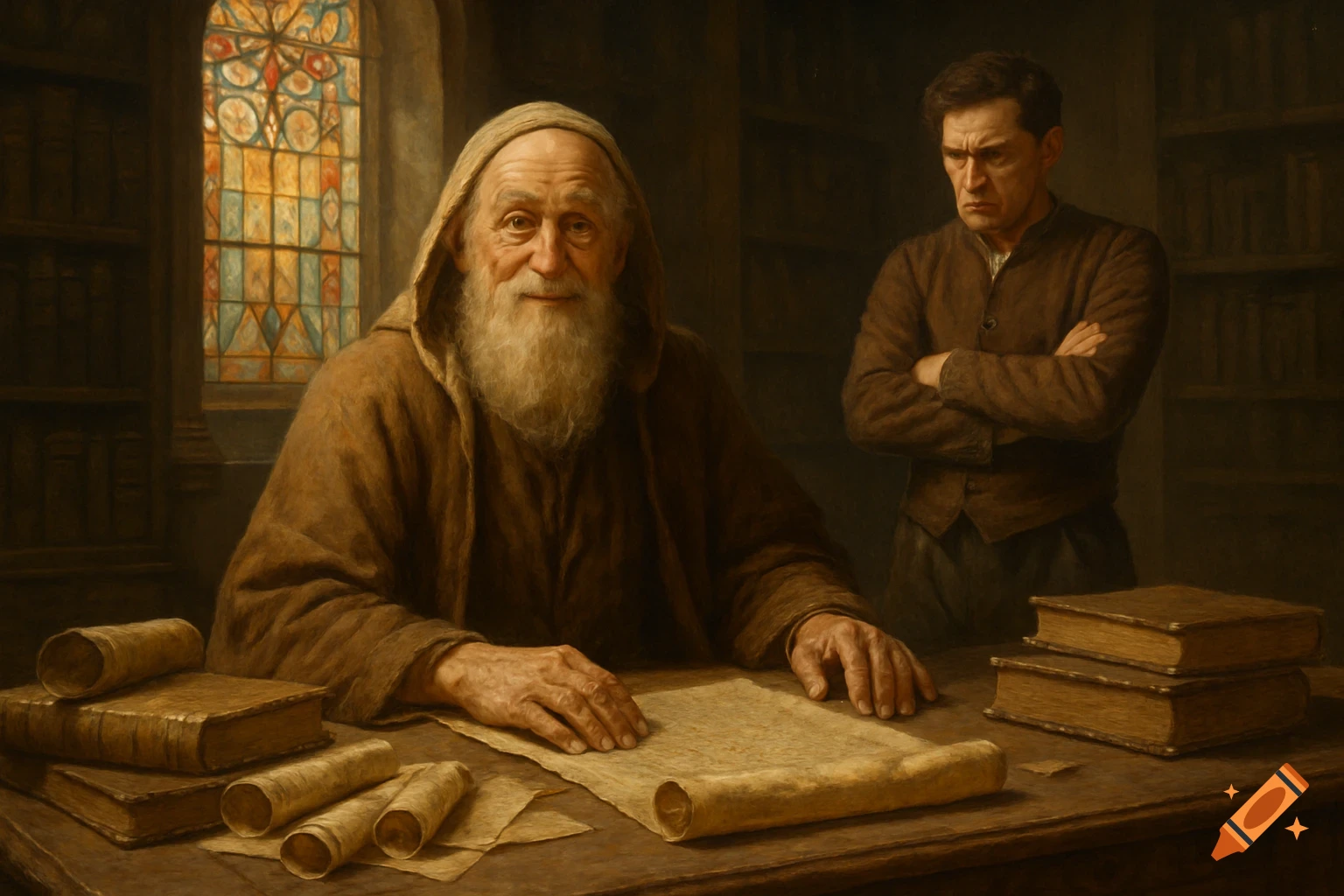 An old, bearded scholar writes at a desk with scrolls, a stern younger man behind him, in a dimly lit room with a stained glass window. Painting.