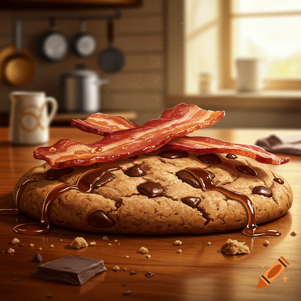 A large chocolate chip cookie topped with crispy bacon and drizzled syrup sits on a wooden table in a blurred kitchen background.