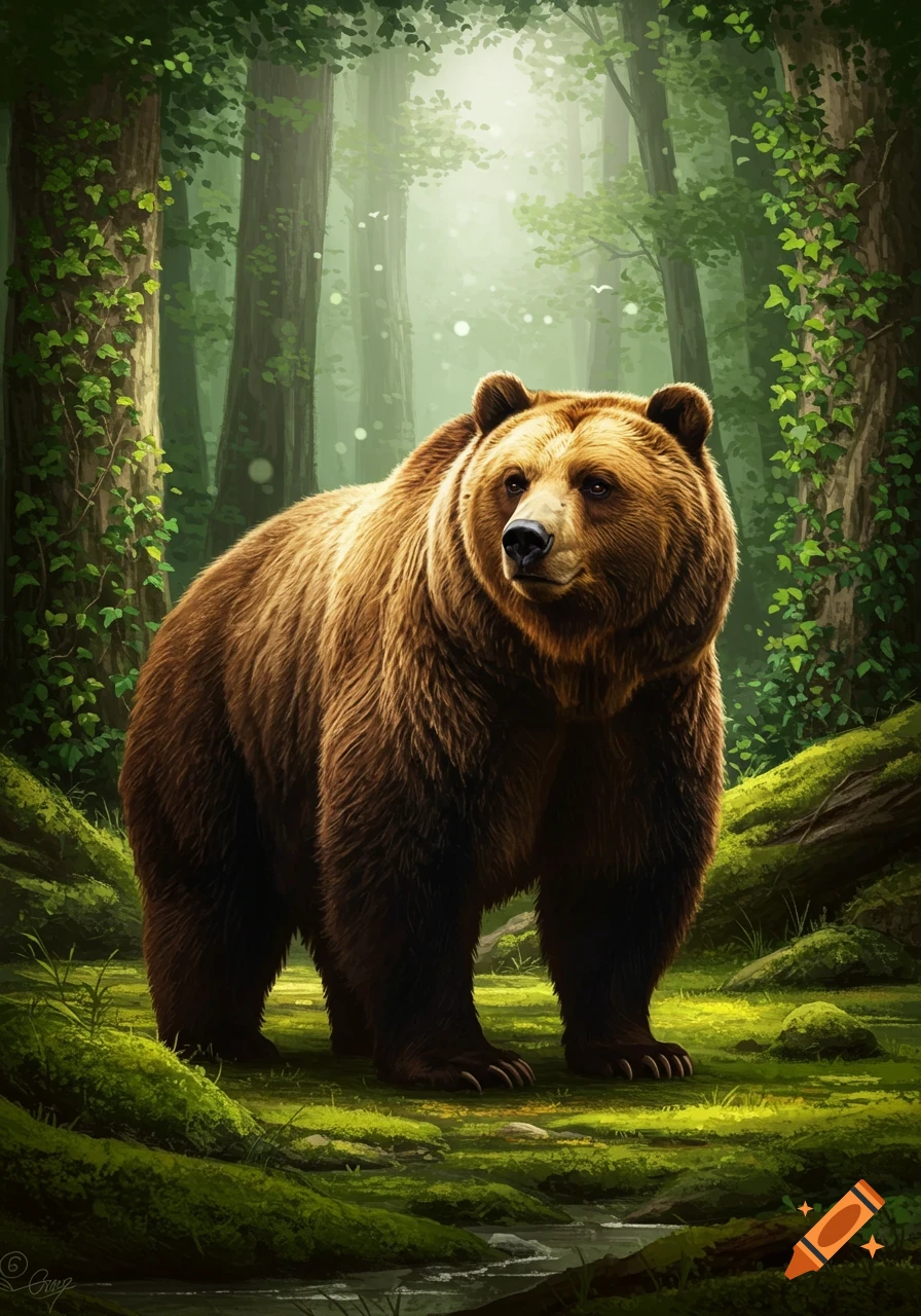 A majestic big brown bear stands in a lush green forest with tall trees and a mossy ground. Detailed, realistic style.