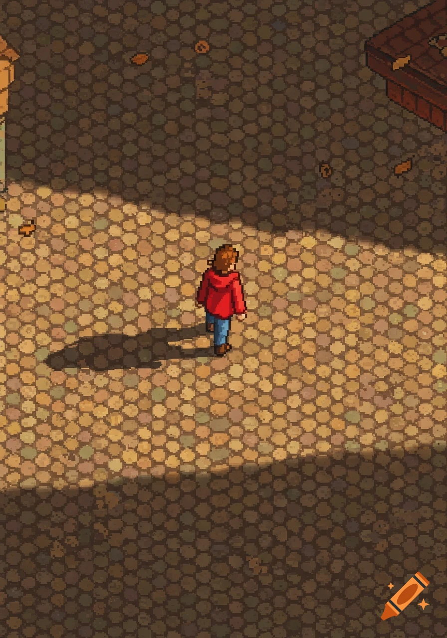 A pixel art, top-down view of a person in a red hoodie walking on a cobblestone path, with a long shadow cast.