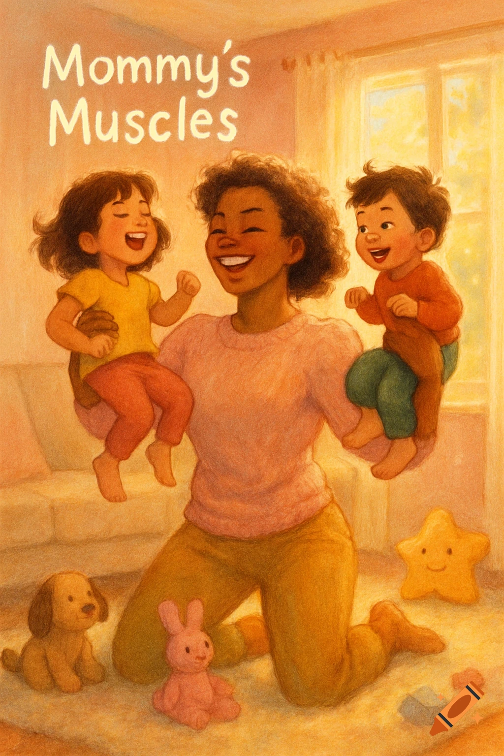 A smiling mother holds a laughing girl and boy in a warm, soft illustration. The text 'Mommy's Muscles' appears above them.