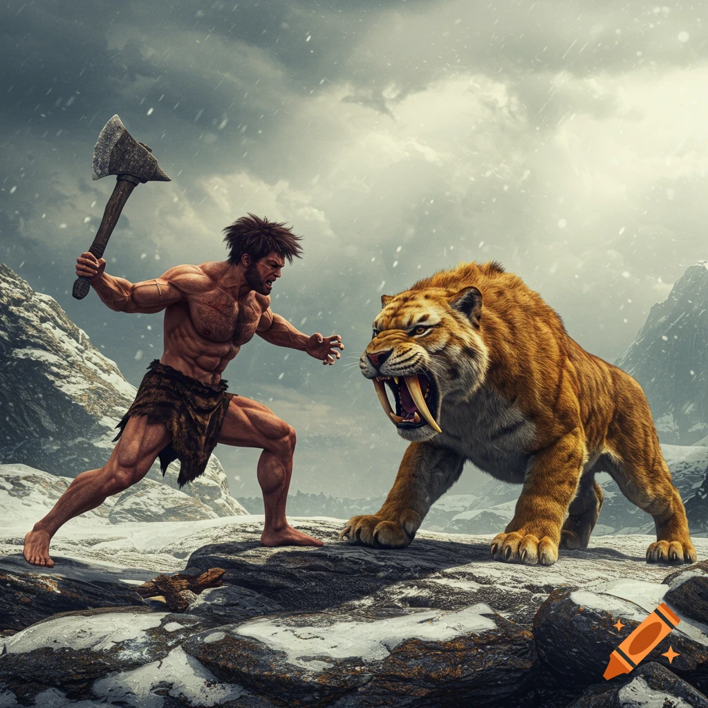 A hyper-realistic image of a caveman with an axe confronting a roaring saber-toothed tiger in a snowy landscape.