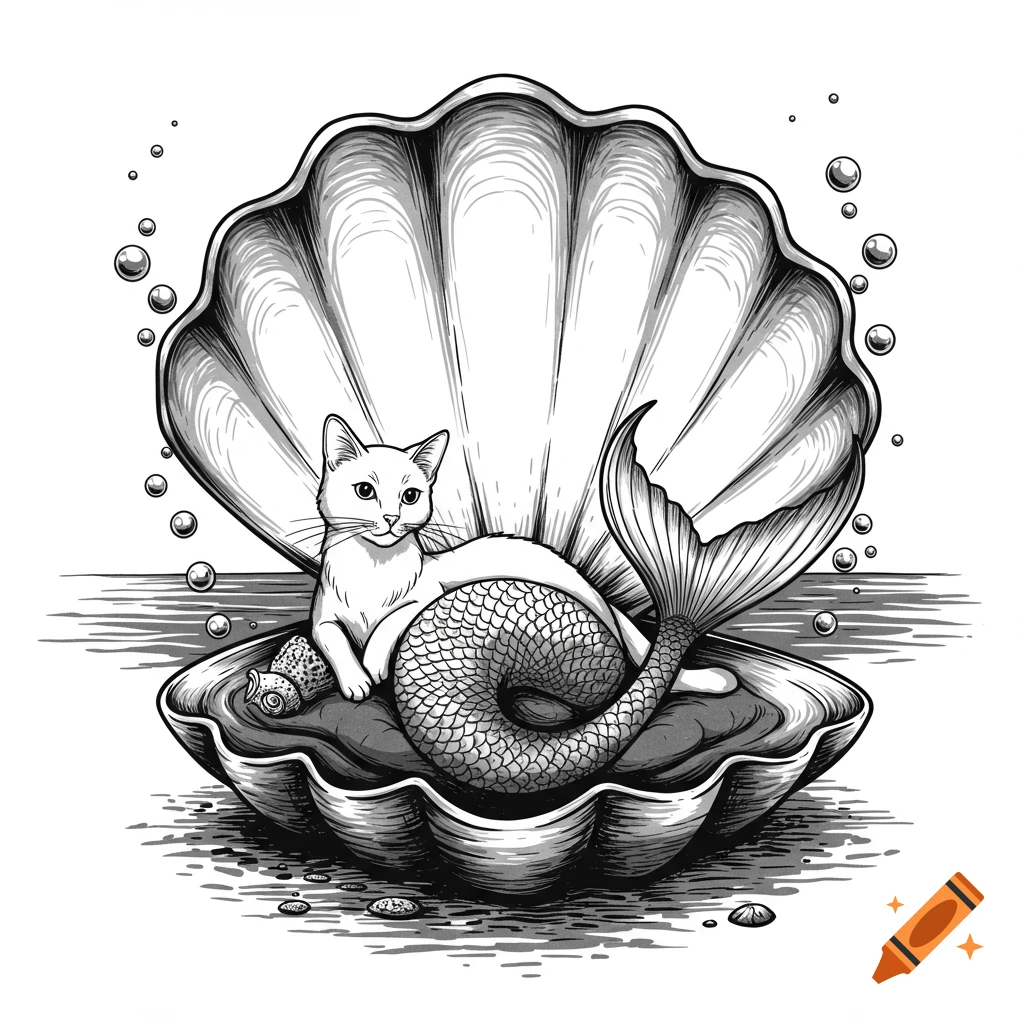 Black and white illustration of a cat mermaid hybrid lounging in a large open clamshell bed with water and bubbles.