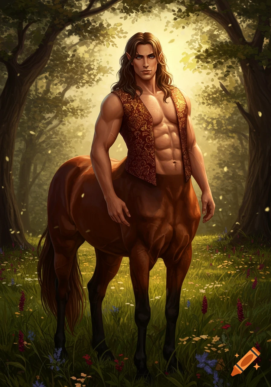 A muscular male centaur with long brown hair and an open renaissance vest stands in a sunlit forest.