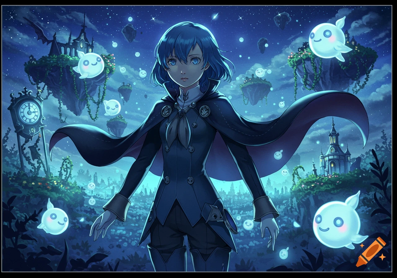 A blue-haired character in a dark cape stands in a magical night landscape with floating islands and glowing spirits, in an anime art style.