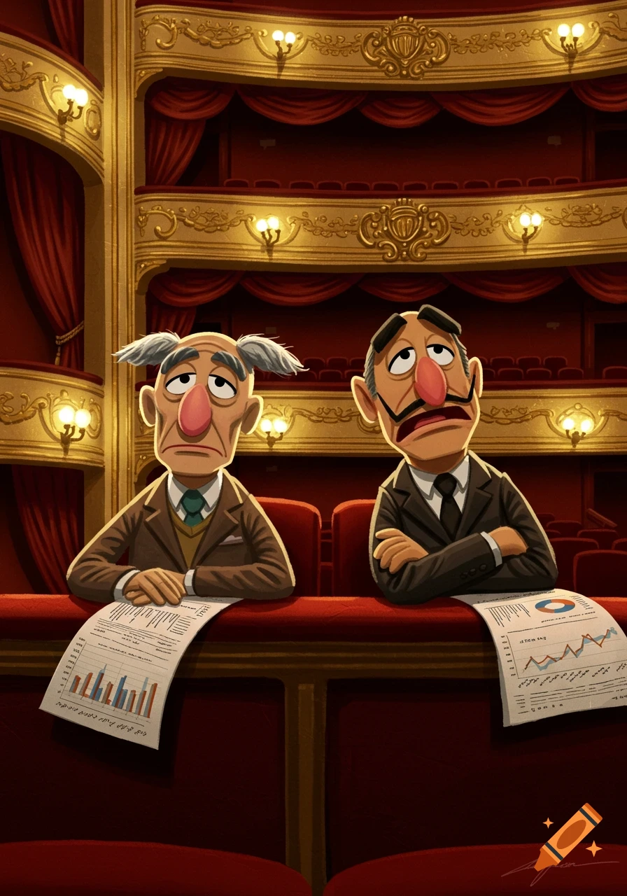 Statler and Waldorf, two old muppet characters, look exasperated while sitting in a lavish red and gold theater box, with papers in front of them.