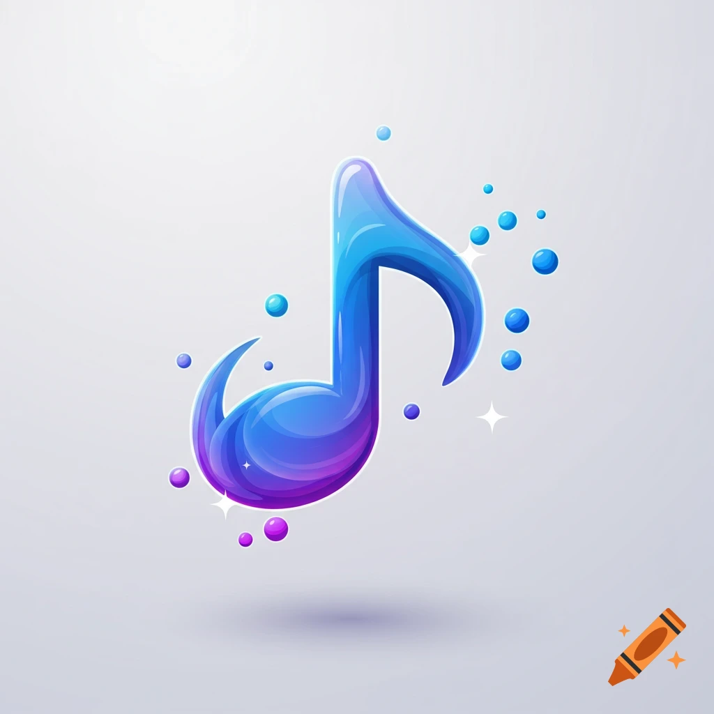 A vibrant, glossy blue and purple musical note surrounded by blue and purple bubbles and white sparkles on a light grey background.
