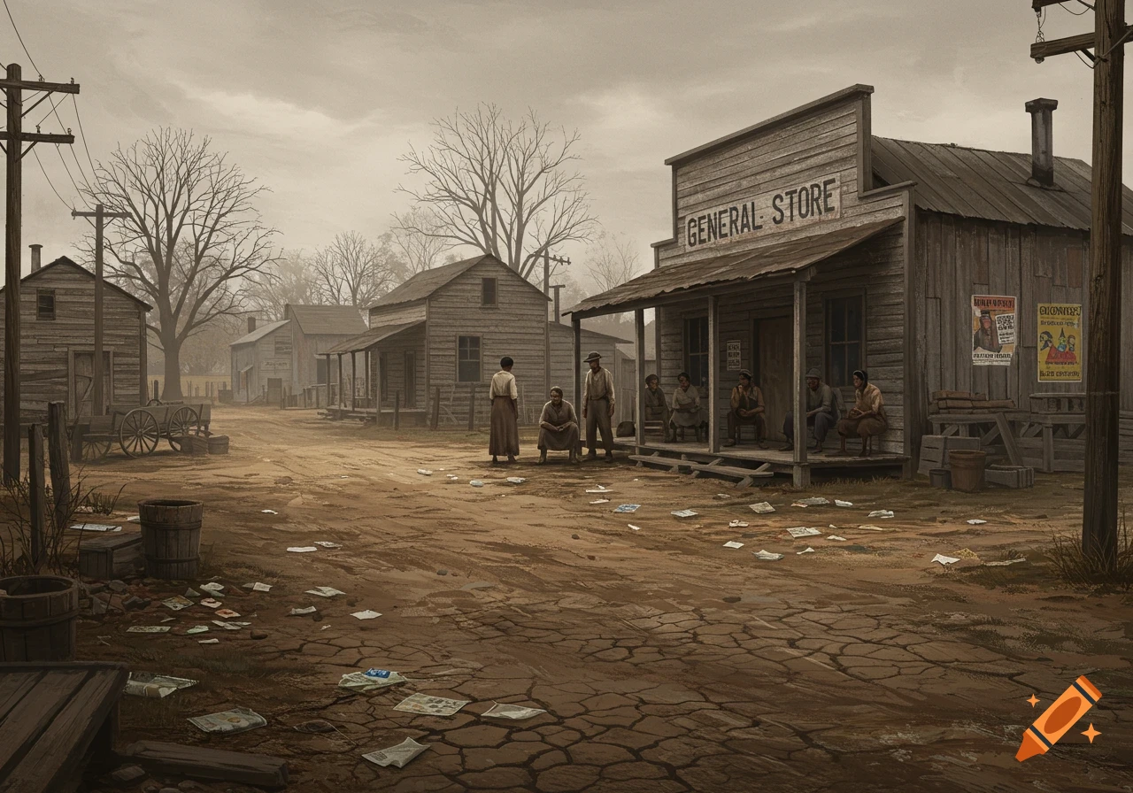 An illustration of a dusty, rural African American community during the Great Depression, featuring a General Store and people standing and sitting.