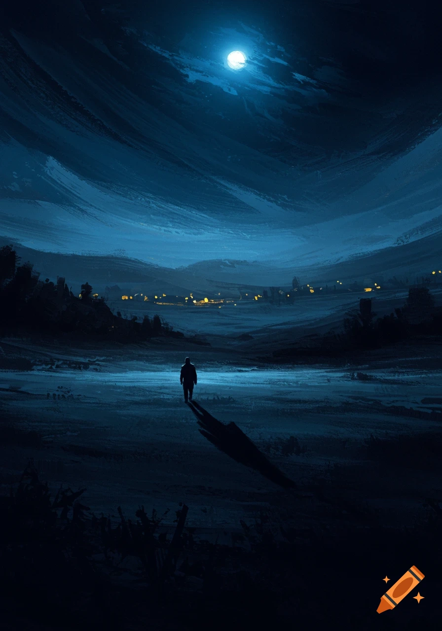 A painting with broad brushstrokes depicts a lone figure walking in a dark, blue-lit valley under a full moon, with distant lights.