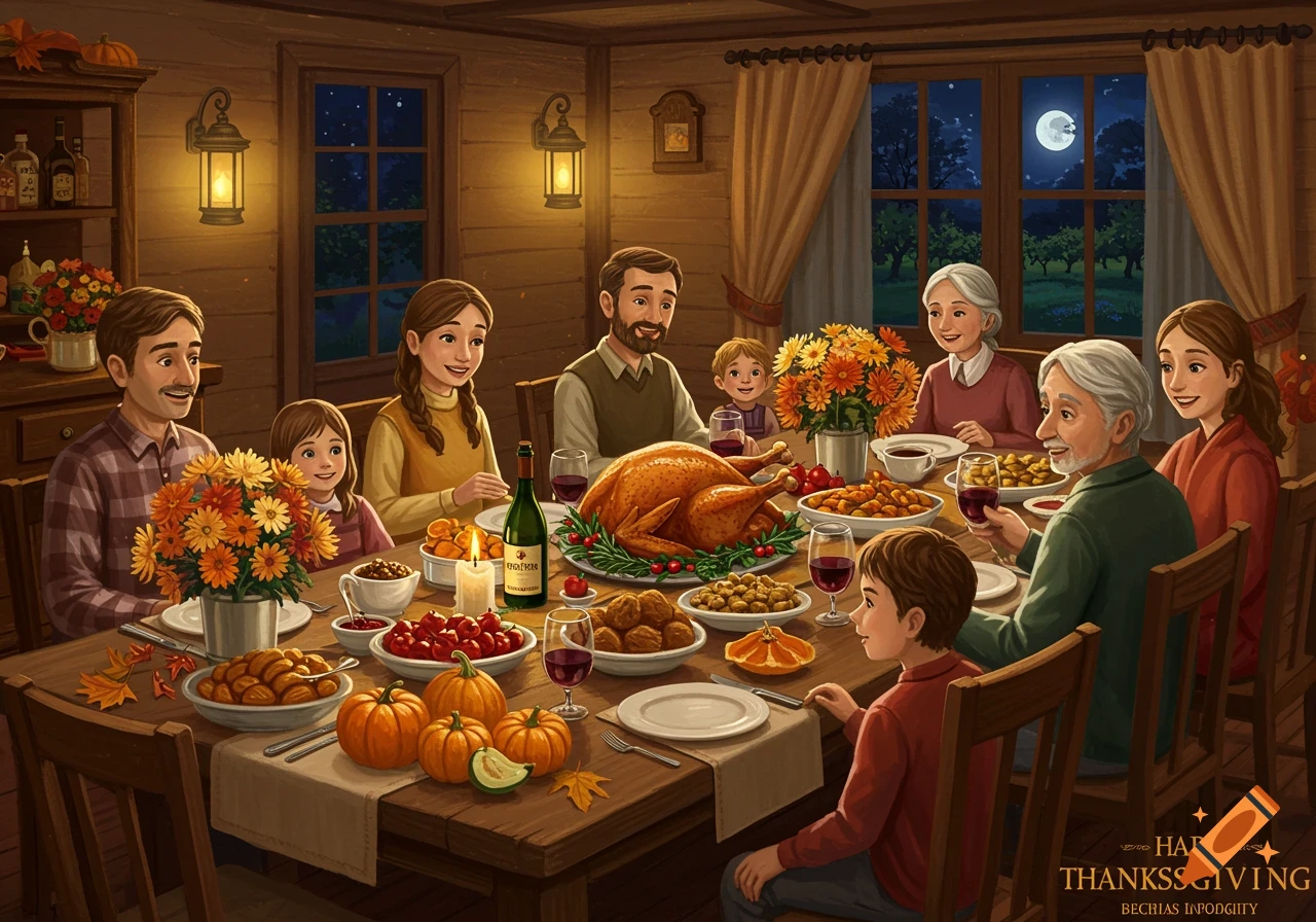 An illustration of a large family gathered around a table laden with food, including a roasted turkey, for a Thanksgiving dinner in a cozy dining room at night.