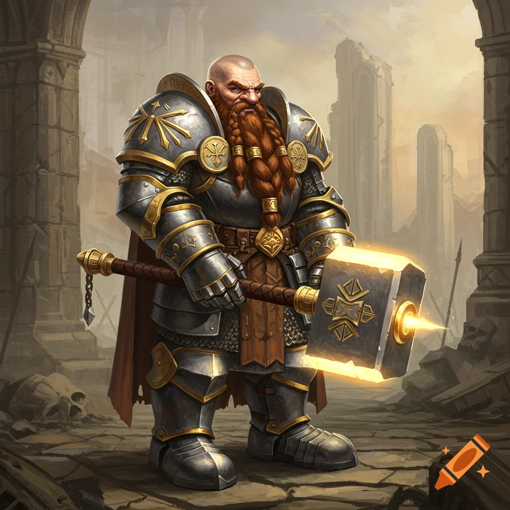 Bald dwarf paladin in ornate armor with a braided red beard, holding a glowing warhammer in a ruined setting.