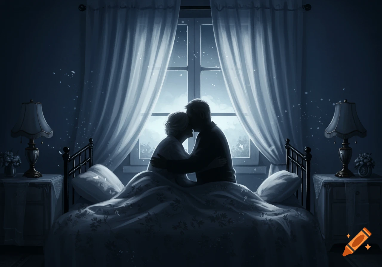 Silhouette of an older couple embracing in bed by a window at night, with light filtering in.