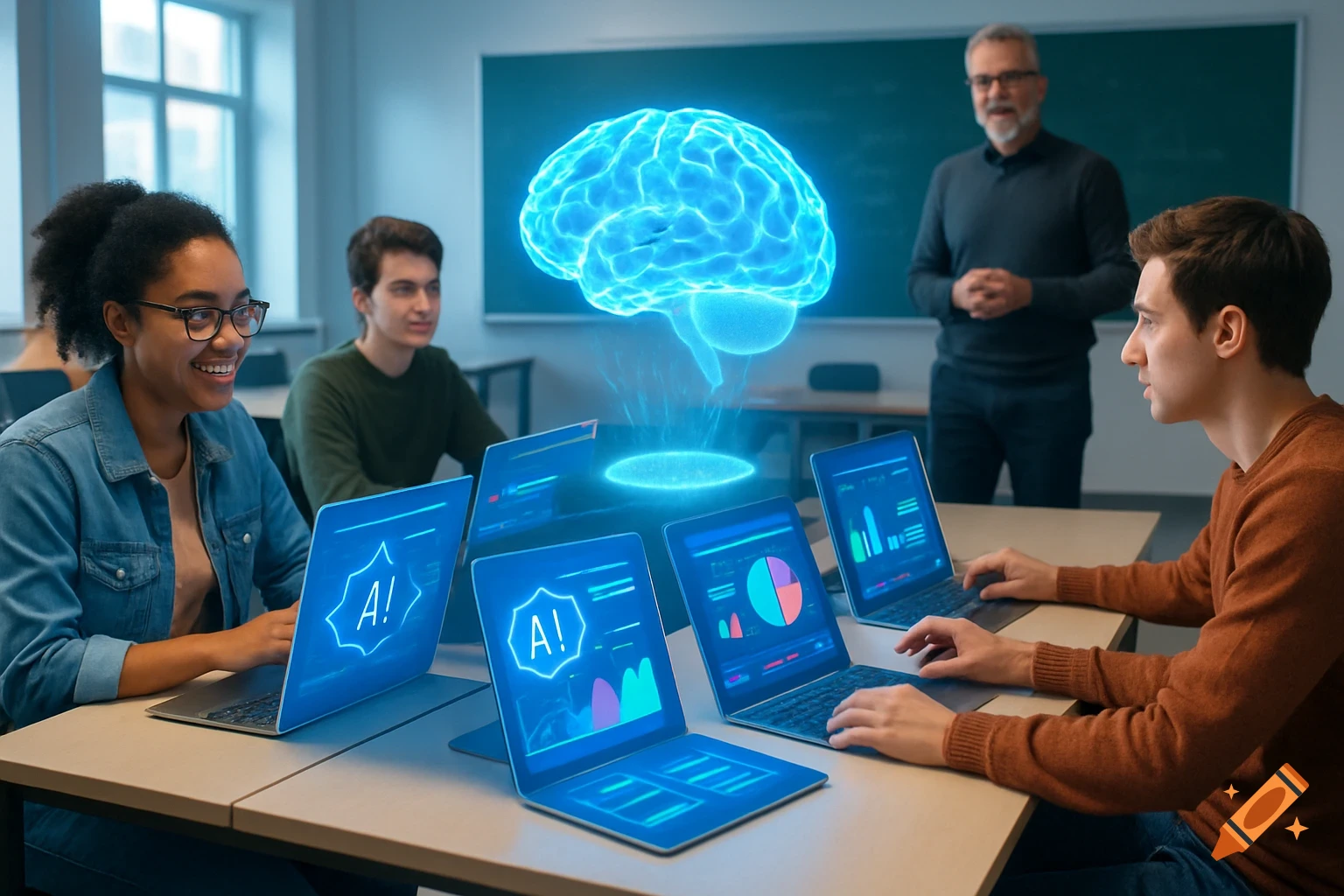 Students and a teacher in a classroom interact with laptops displaying AI interfaces and a holographic brain. Photorealistic.