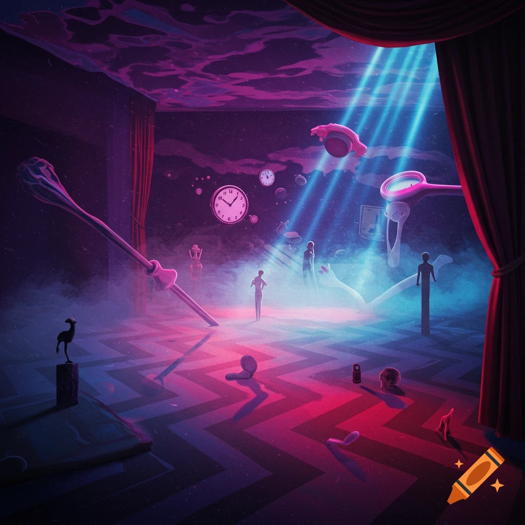 A surreal, dimly lit room with a zig-zag floor in neon pink and blue, featuring floating clocks, distorted figures, a giant stirrer, and dramatic light beams.