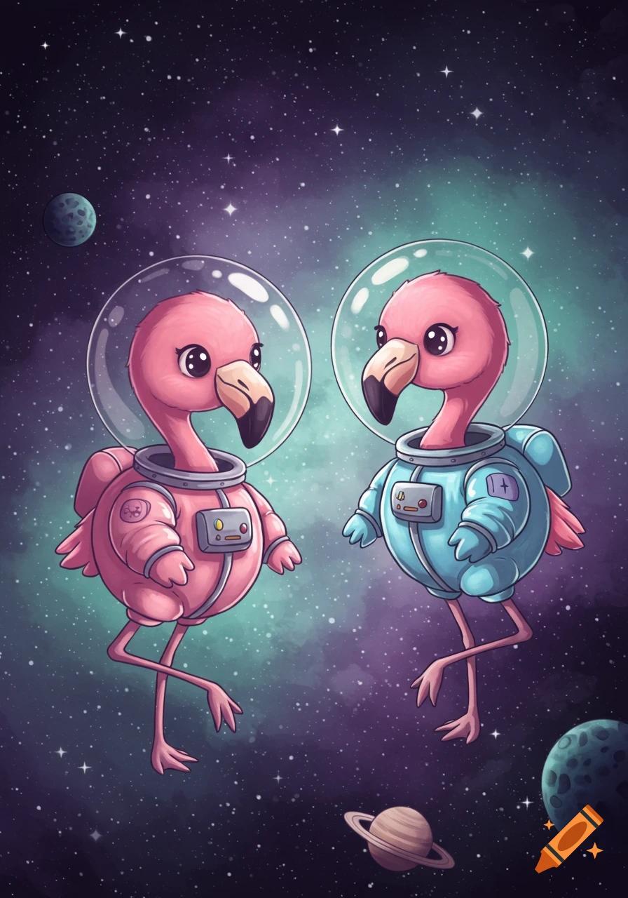 Two cute pink flamingos in pink and blue spacesuits float in a starry purple and teal galaxy with planets in a chibi cartoon style.