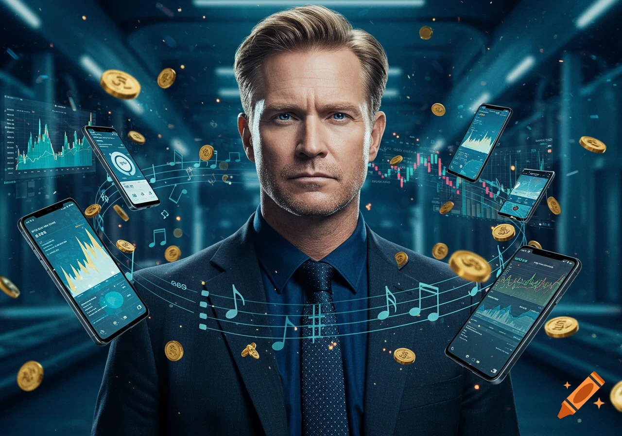 A serious blond man in a blue suit and tie, surrounded by floating smartphones displaying charts, gold coins, and music notes, against a futuristic blue background.