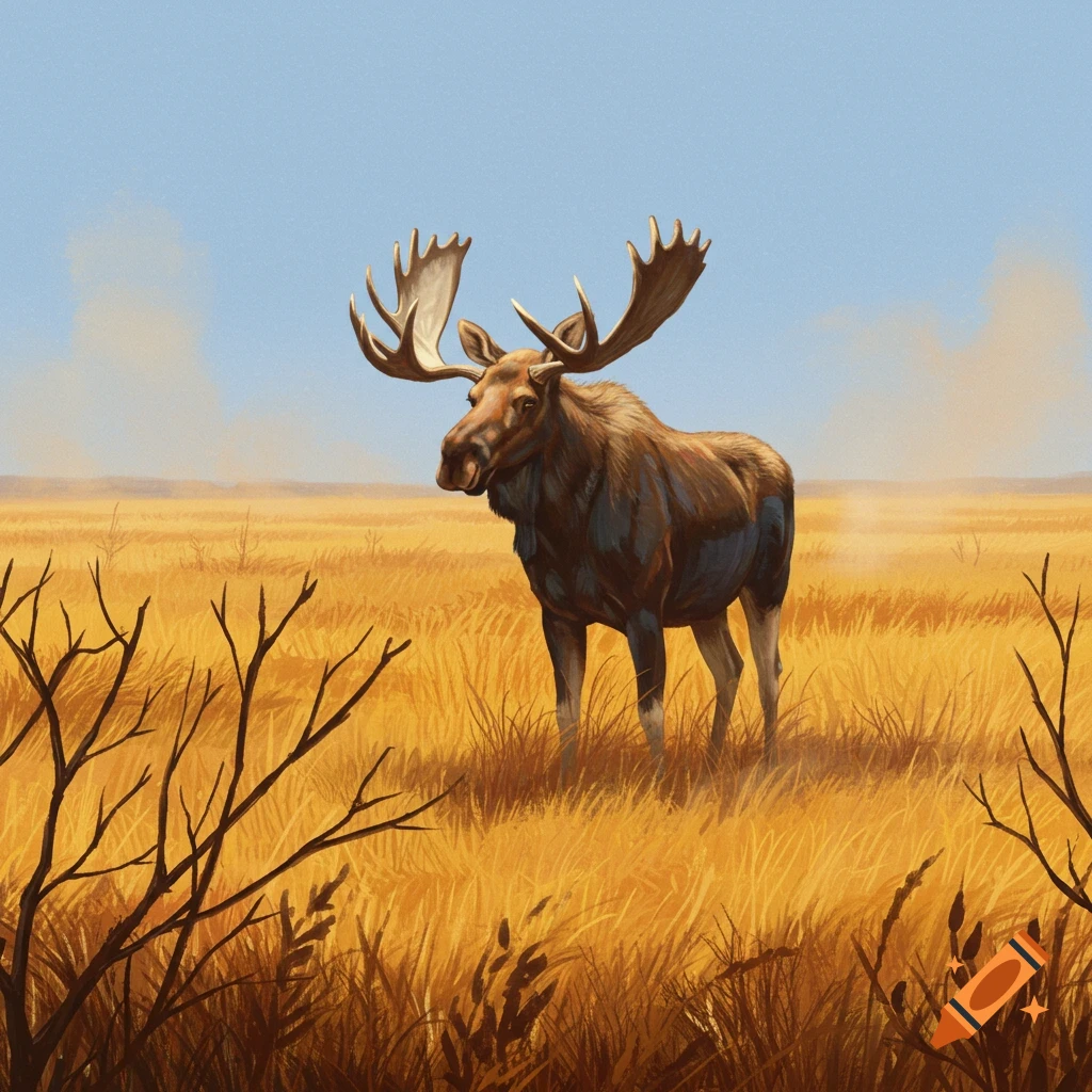 An illustrated moose stands in a vast, golden field under a clear blue sky, with bare branches in the foreground.