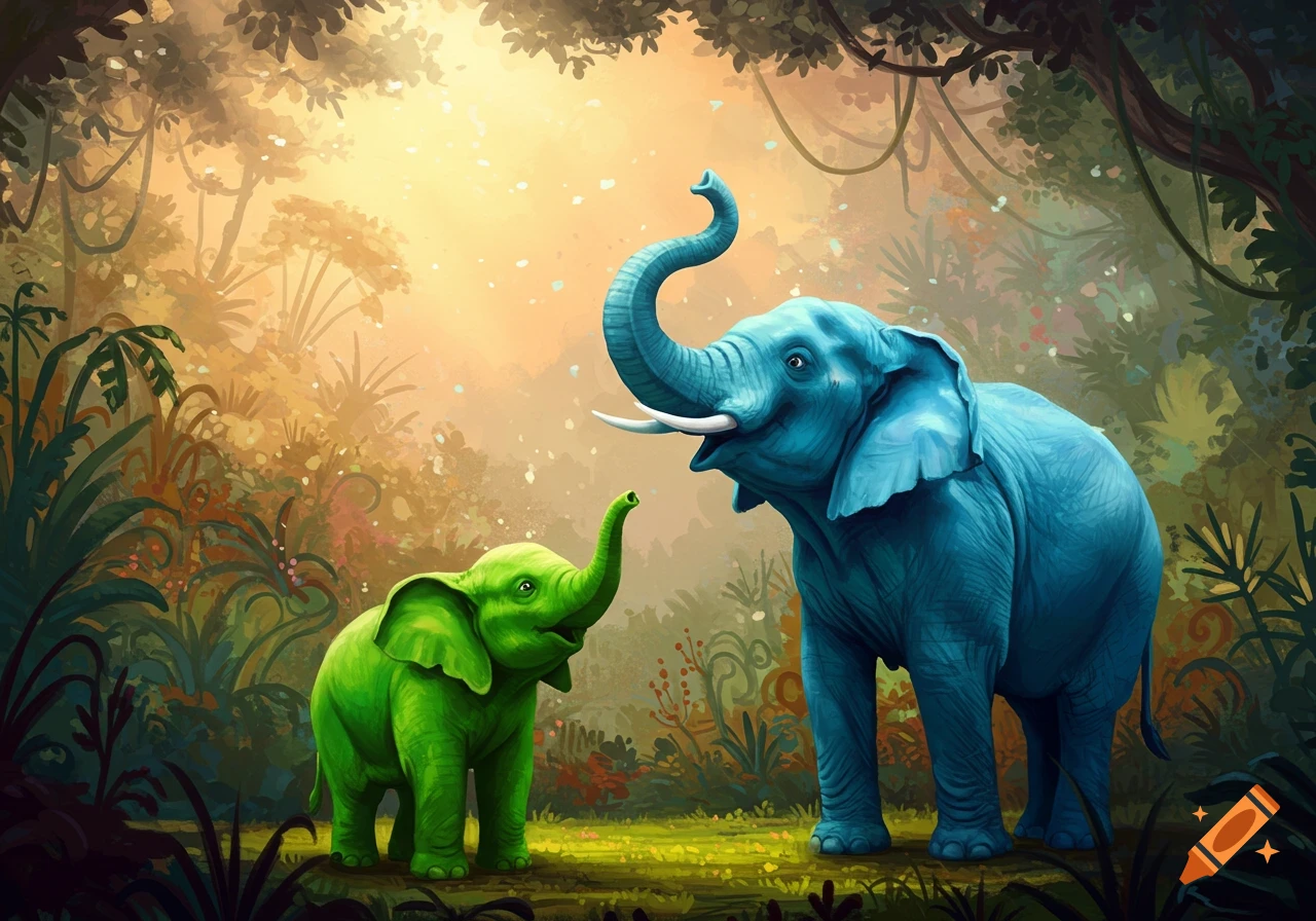 A vibrant illustration of a small green elephant looking curiously at a large blue elephant in a sun-dappled jungle.
