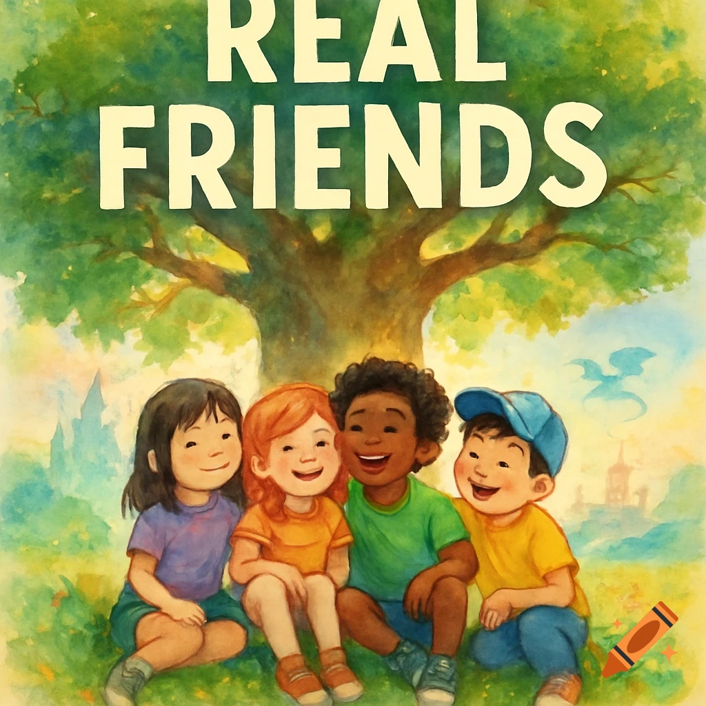 Watercolor illustration of four diverse children smiling and sitting together under a large green tree, with the words 'REAL FRIENDS' above them.